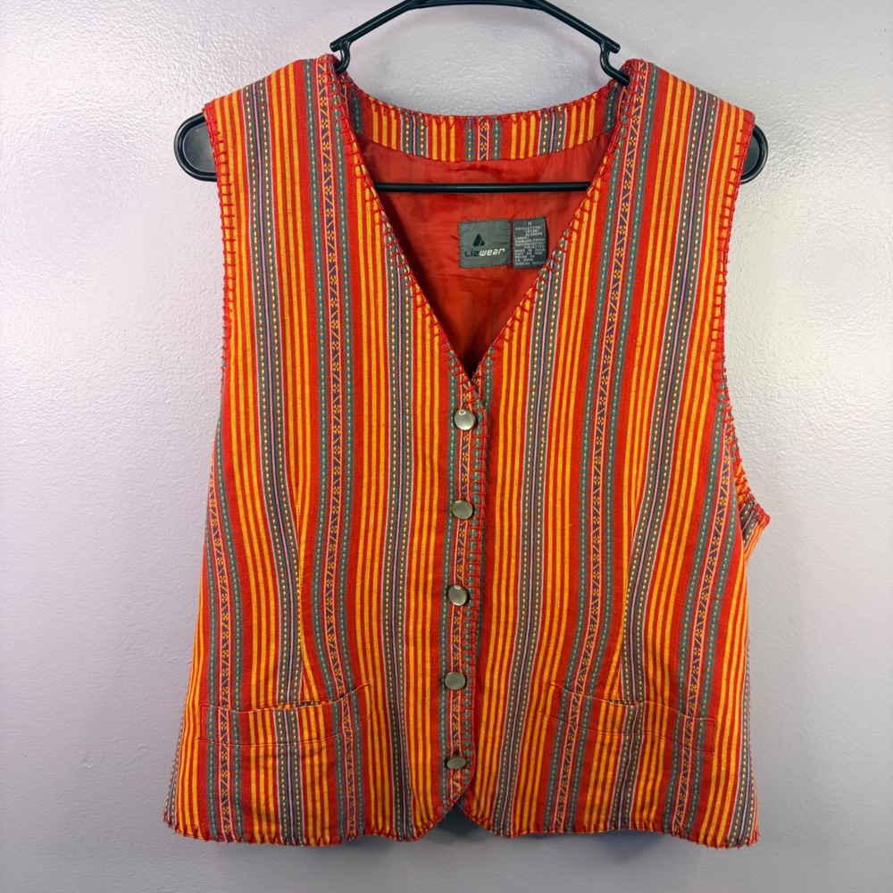 Lizwear Vtg Multi Color Striped Vest Woven Cotton Tapestry Festival Women Medium